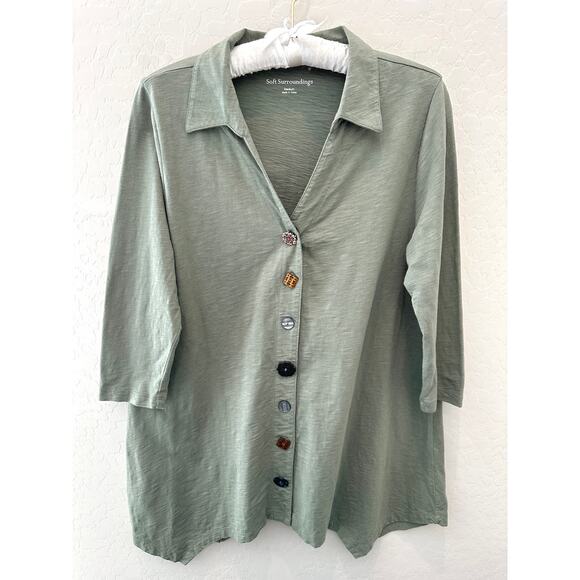 SOFT SURROUNDINGS | Mixed Button Sage Green Cotton Tunic Top | Size Medium - Picture 1 of 7